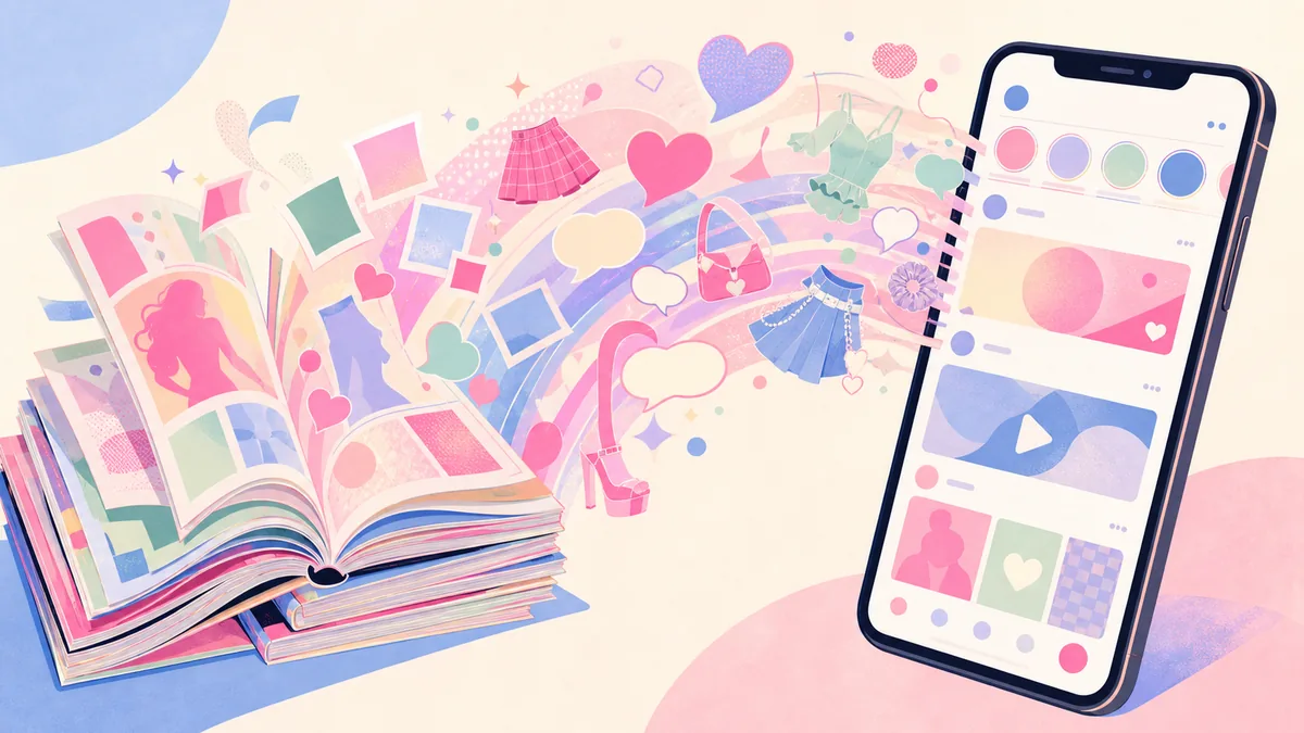 平積みされたギャル雑誌の山から、その中身がスマホの画面のタイムラインやプロフィール、動画のサムネイルへと流れ出していく様子を描いた、紙からSNSへの移行を象徴するポップなイラスト